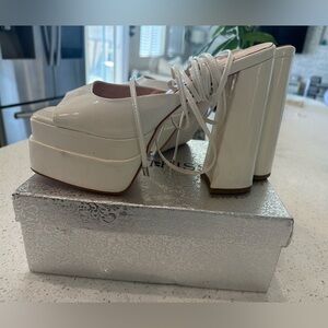 Chunk white lace up high heels